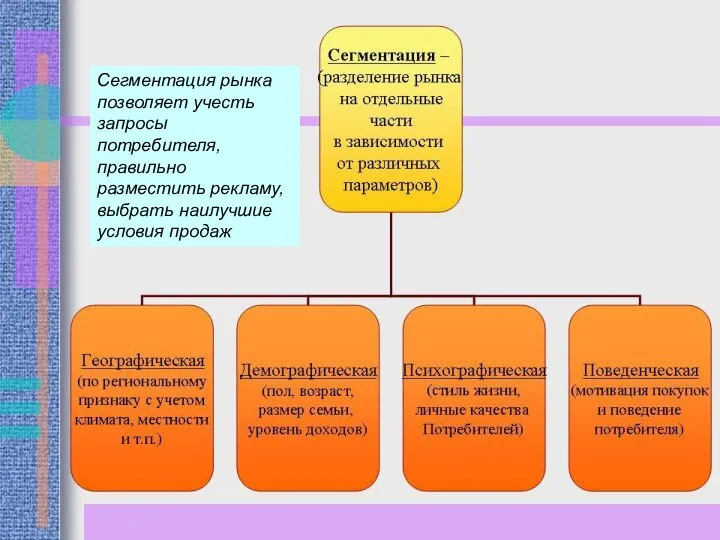 Сегментация рынка позволяет учесть запросы потребителя, правильно разместить рекламу, выбрать наилучшие условия