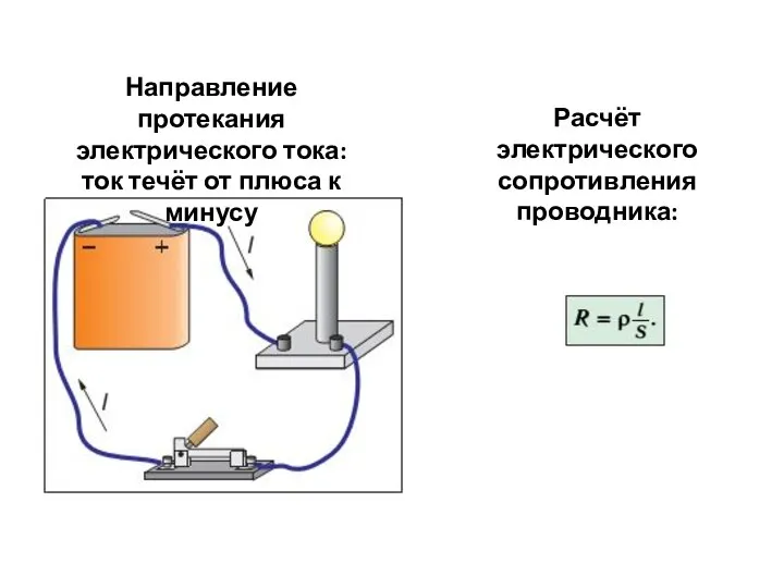 Направление протекания электрического тока: ток течёт от плюса к минусу Расчёт электрического сопротивления проводника: