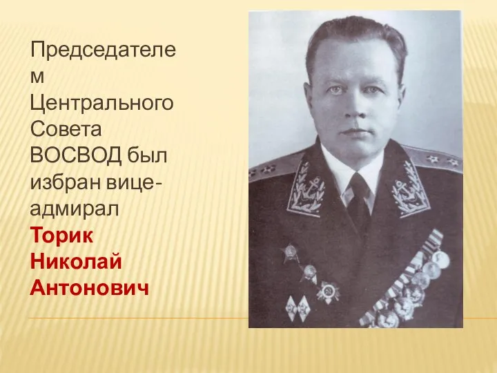 Председателем Центрального Совета ВОСВОД был избран вице-адмирал Торик Николай Антонович