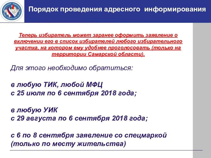 Порядок проведения адресного информирования Теперь избиратель может заранее оформить заявление о включении