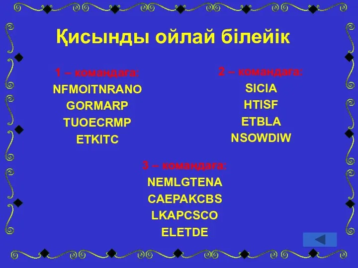 1 – командаға: NFMOITNRANO GORMARP TUOECRMP ETKITC 2 – командаға: SICIA HTISF