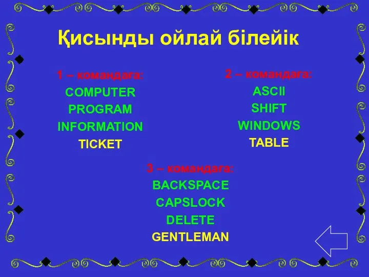 1 – командаға: COMPUTER PROGRAM INFORMATION TICKET 2 – командаға: ASCII SHIFT