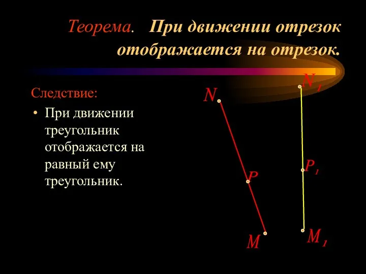 Теорема. При движении отрезок отображается на отрезок. Следствие: При движении треугольник отображается