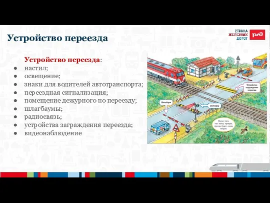 Устройство переезда Устройство переезда: настил; освещение; знаки для водителей автотранспорта; переездная сигнализация;