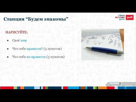 Станция “Будем знакомы” НАРИСУЙТЕ: Своё имя Что тебе нравится? (5 пунктов) Что