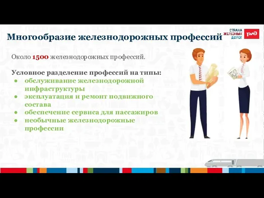 Многообразие железнодорожных профессий Около 1500 железнодорожных профессий. Условное разделение профессий на типы: