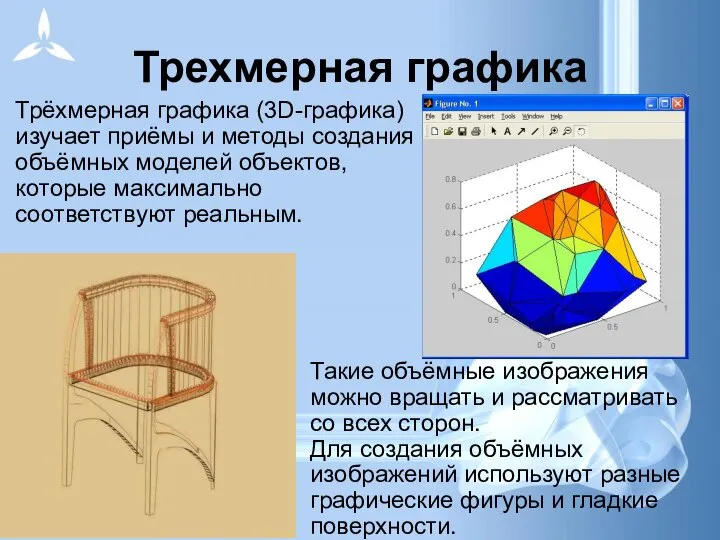 Трехмерная графика Трёхмерная графика (3D-графика) изучает приёмы и методы создания объёмных моделей