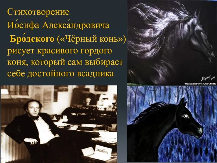 Стихотворение Ио́сифа Алекса́ндровича Бро́дского («Чёрный конь») рисует красивого гордого коня, который сам выбирает себе достойного всадника