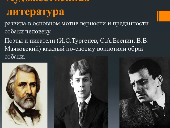 Художественная литература развила в основном мотив верности и преданности собаки человеку. Поэты