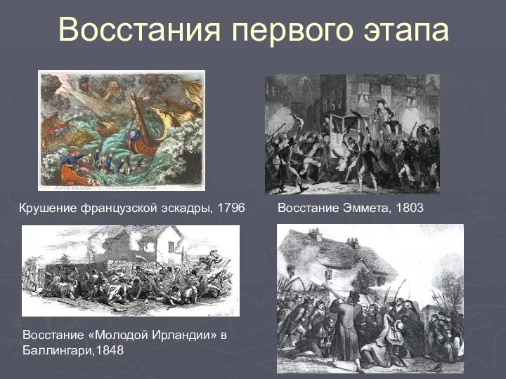 Восстания первого этапа Крушение французской эскадры, 1796 Восстание Эммета, 1803 Восстание «Молодой Ирландии» в Баллингари,1848