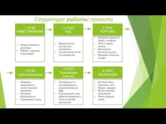 Структура работы проекта 1 ЭТАП ИНВЕСТИРОВАНИЕ 2 ЭТАП ВЭД 3 ЭТАП ПОГРУЗКА