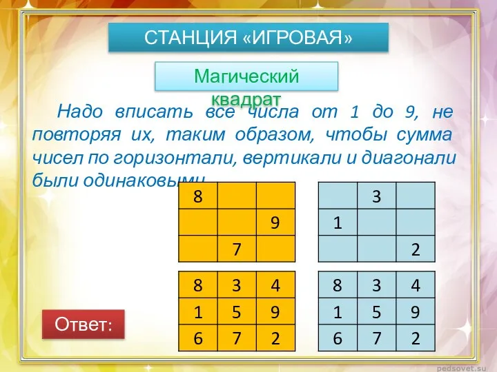 СТАНЦИЯ «ИГРОВАЯ» Магический квадрат Надо вписать все числа от 1 до 9,