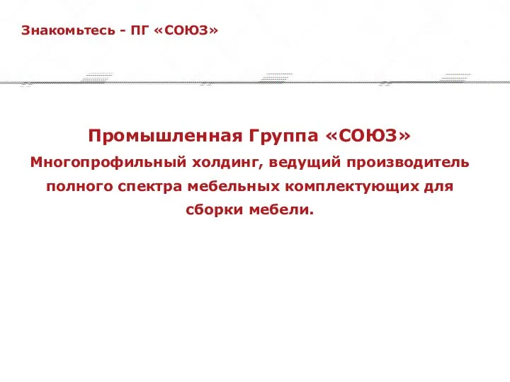 Промышленная Группа «СОЮЗ» Многопрофильный холдинг, ведущий производитель полного спектра мебельных комплектующих для