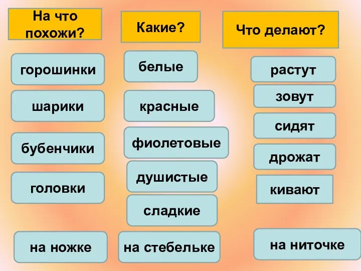 на ниточке сидят белые красные зовут растут на стебельке на ножке головки