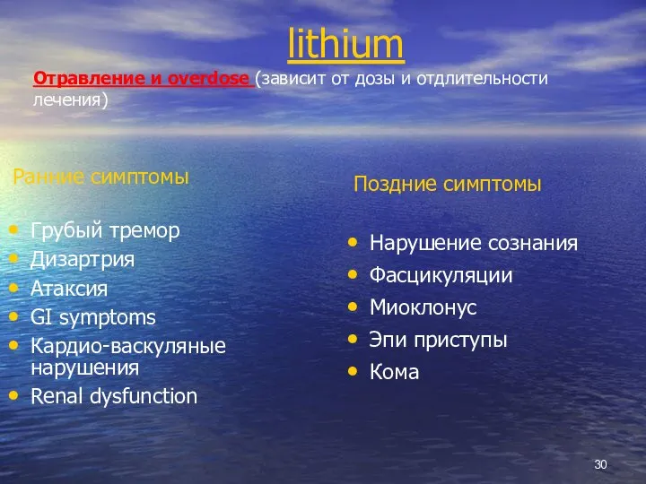 lithium Отравление и overdose (зависит от дозы и отдлительности лечения) Поздние симптомы