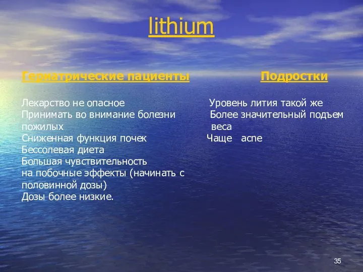 lithium Гериатрические пациенты Подростки Лекарство не опасное Уровень лития такой же Принимать