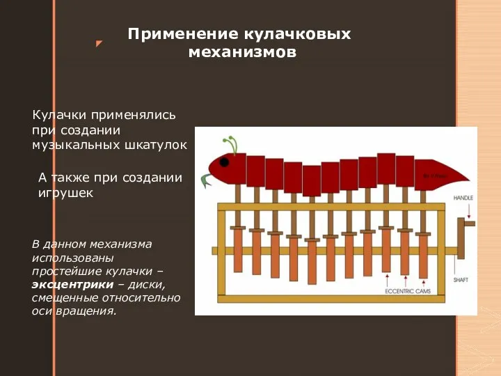 Применение кулачковых механизмов А также при создании игрушек Кулачки применялись при создании