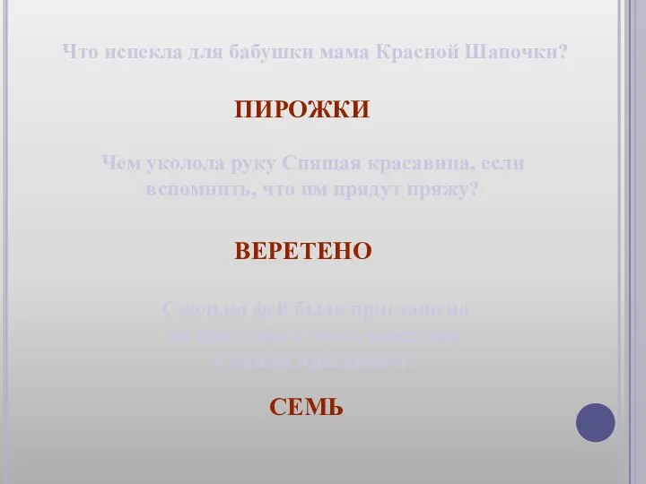 Что испекла для бабушки мама Красной Шапочки? ПИРОЖКИ Чем уколола руку Спящая