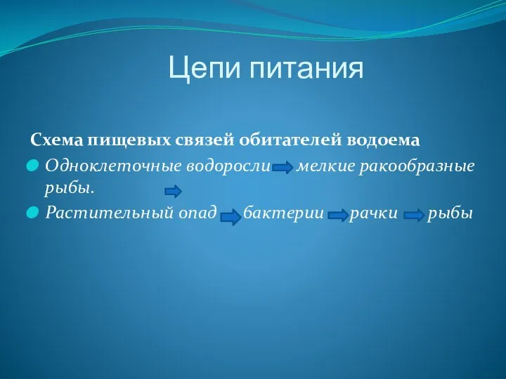 Цепи питания Схема пищевых связей обитателей водоема Одноклеточные водоросли мелкие ракообразные рыбы.