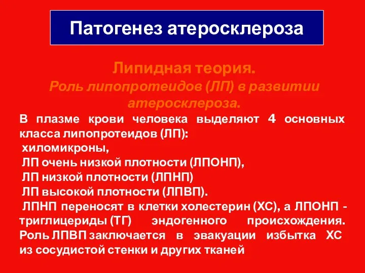 Патогенез атеросклероза Липидная теория. Роль липопротеидов (ЛП) в развитии атеросклероза. В плазме