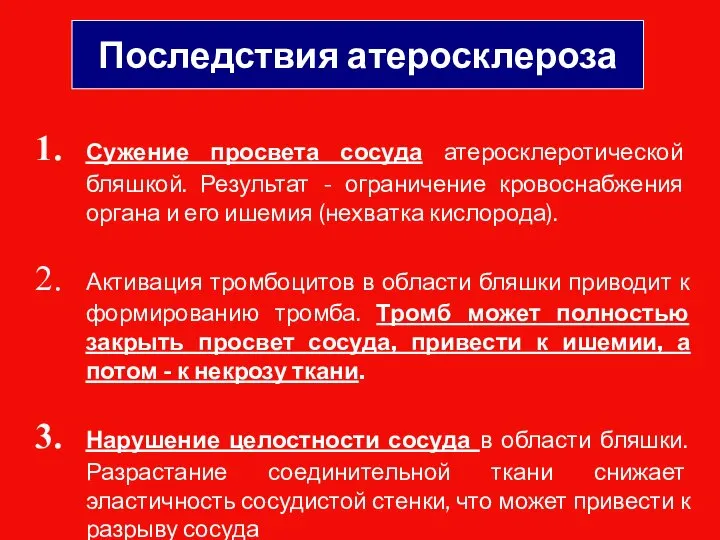 Последствия атеросклероза Сужение просвета сосуда атеросклеротической бляшкой. Результат - ограничение кровоснабжения органа