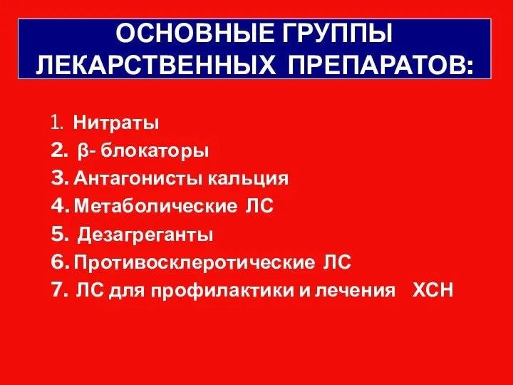 ОСНОВНЫЕ ГРУППЫ ЛЕКАРСТВЕННЫХ ПРЕПАРАТОВ: 1. Нитраты 2. β- блокаторы 3. Антагонисты кальция