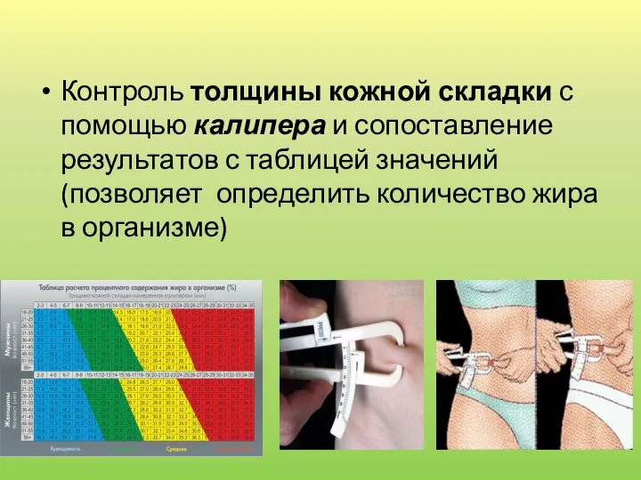 Контроль толщины кожной складки с помощью калипера и сопоставление результатов с таблицей