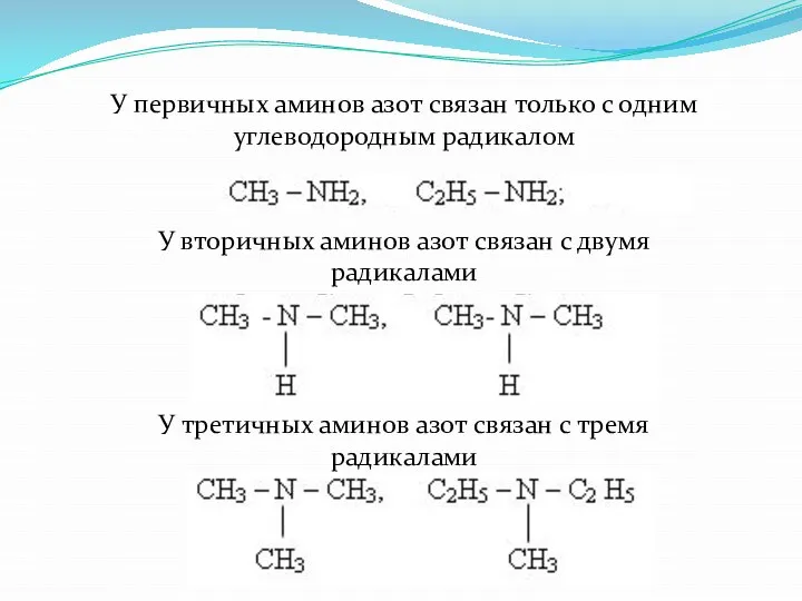 У первичных аминов азот связан только с одним углеводородным радикалом У вторичных