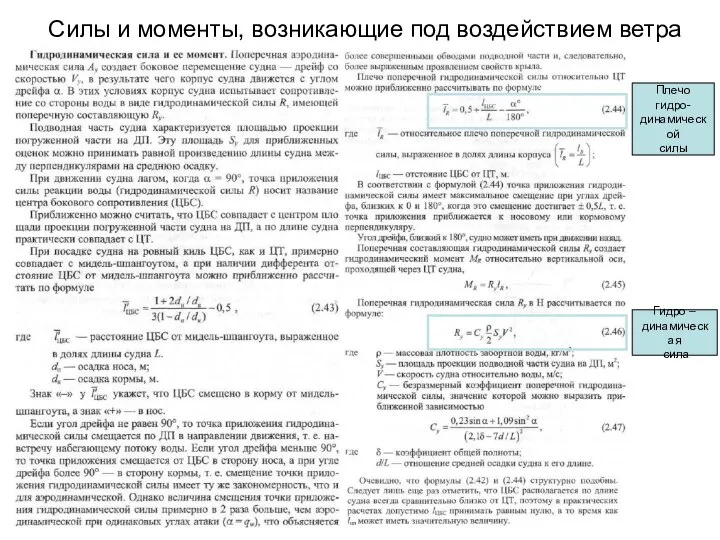 Силы и моменты, возникающие под воздействием ветра Гидро – динамическая сила Плечо гидро- динамической силы