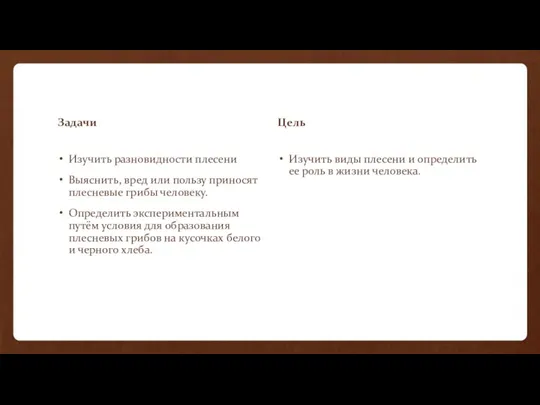 Задачи Изучить разновидности плесени Выяснить, вред или пользу приносят плесневые грибы человеку.