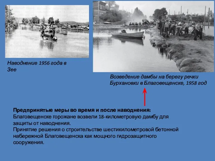 Возведение дамбы на берегу речки Бурхановки в Благовещенске, 1958 год Наводнение 1956