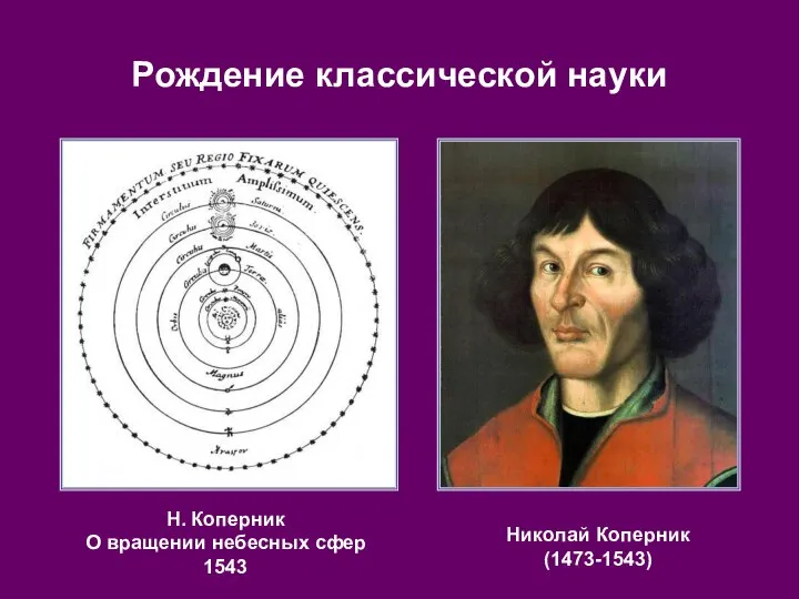 Рождение классической науки Николай Коперник (1473-1543) Н. Коперник О вращении небесных сфер 1543