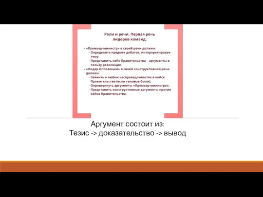 Аргумент состоит из: Тезис -> доказательство -> вывод