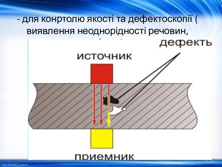 - для конртолю якості та дефектоскопії ( виявлення неоднорідності речовин, тріщин);