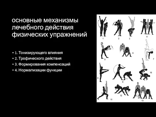 основные механизмы лечебного действия физических упражнений 1. Тонизирующего влияния 2. Трофического действия