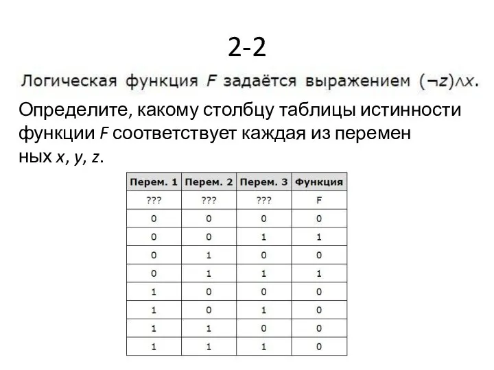 2-2 Опре­де­ли­те, ка­ко­му столб­цу таб­ли­цы ис­тин­но­сти функ­ции F со­от­вет­ству­ет каж­дая из пе­ре­мен­ных x, y, z.