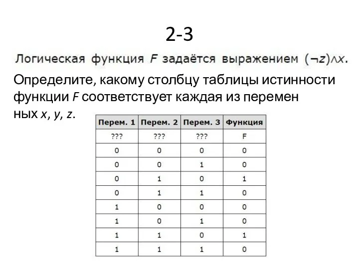 2-3 Опре­де­ли­те, ка­ко­му столб­цу таб­ли­цы ис­тин­но­сти функ­ции F со­от­вет­ству­ет каж­дая из пе­ре­мен­ных x, y, z.