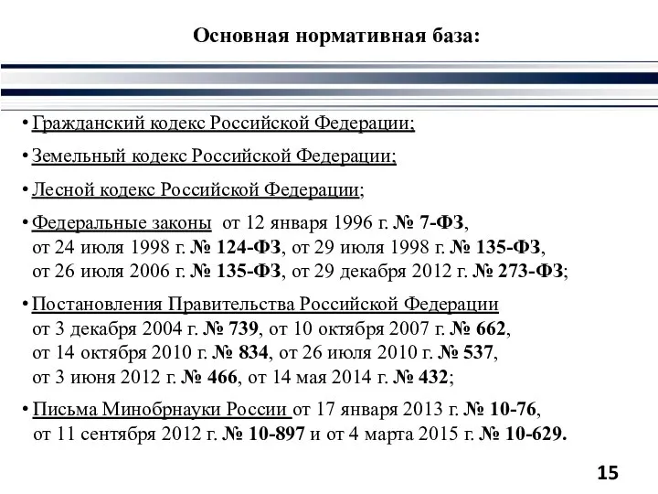 Основная нормативная база: Гражданский кодекс Российской Федерации; Земельный кодекс Российской Федерации; Лесной