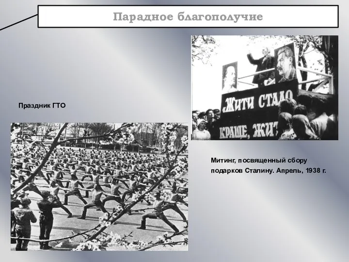 Парадное благополучие Митинг, посвященный сбору подарков Сталину. Апрель, 1938 г. Праздник ГТО