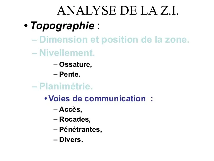 ANALYSE DE LA Z.I. Topographie : Dimension et position de la zone.