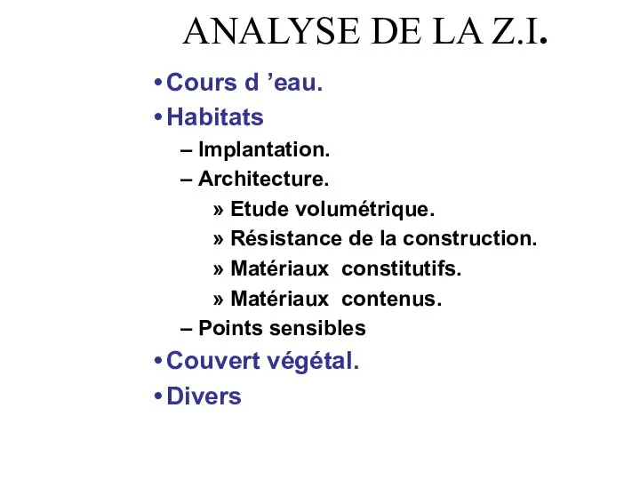 ANALYSE DE LA Z.I. Cours d ’eau. Habitats Implantation. Architecture. Etude volumétrique.