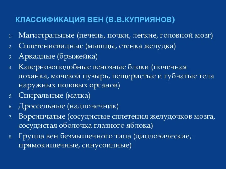 КЛАССИФИКАЦИЯ ВЕН (В.В.КУПРИЯНОВ) Магистральные (печень, почки, легкие, головной мозг) Сплетениевидные (мышцы, стенка