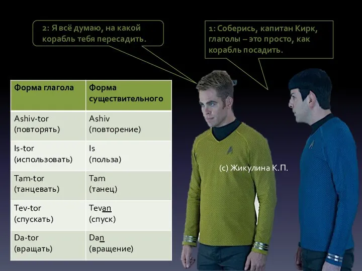 1: Соберись, капитан Кирк, глаголы – это просто, как корабль посадить. 2: