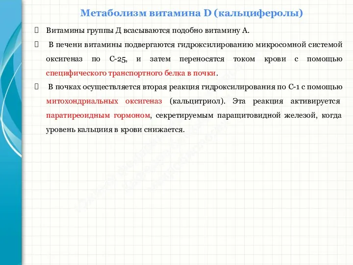 Южный федеральный университет Кафедра биохимии и микробиологии Метаболизм витамина D (кальциферолы) Витамины