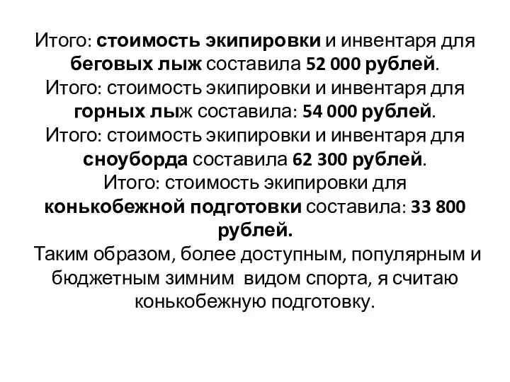 Итого: стоимость экипировки и инвентаря для беговых лыж составила 52 000 рублей.