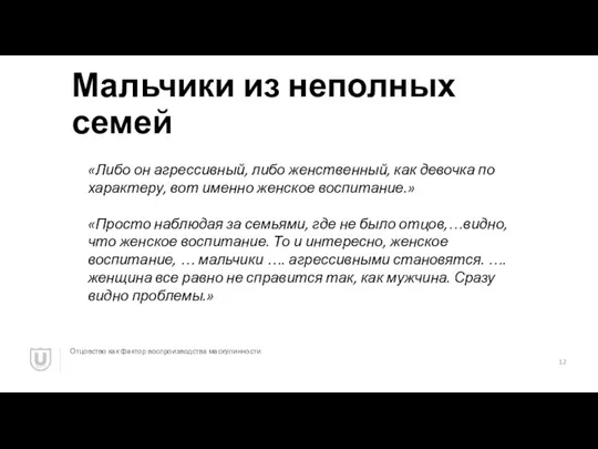 Мальчики из неполных семей Отцовство как фактор воспроизводства маскулинности «Либо он агрессивный,