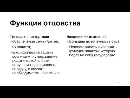 Функции отцовства Традиционные функции обеспечение семьи/детей; их защита; специфические задачи воспитания (утверждение