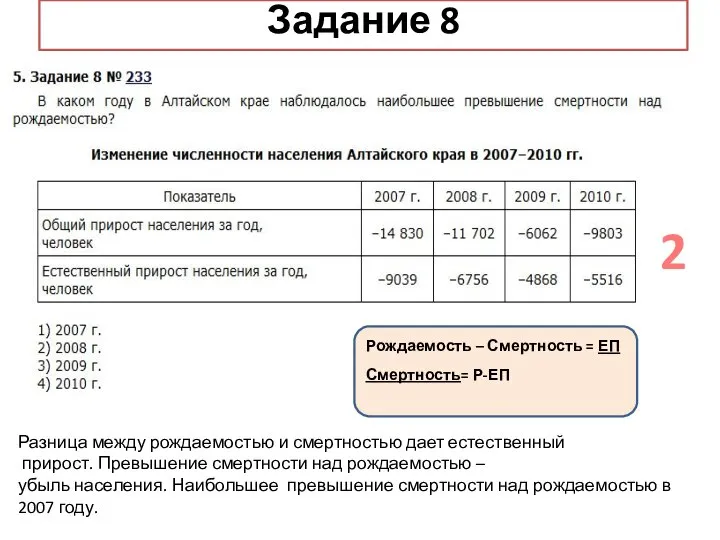 2 Задание 8 Рождаемость – Смертность = ЕП Смертность= Р-ЕП Разница между