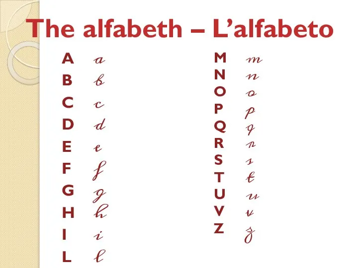 The alfabeth – L’alfabeto A a B b C c D d