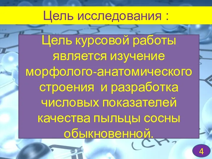 Цель исследования : 4 Цель курсовой работы является изучение морфолого-анатомического строения и